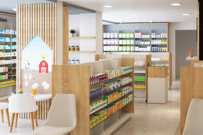  réagencement agrandissement relooking pharmacie bois blanc noir comptoir ecran de protection jbcc agenceur transfert creation relooking pharmacie magasin d'optique de coiffure et surfaces de vente