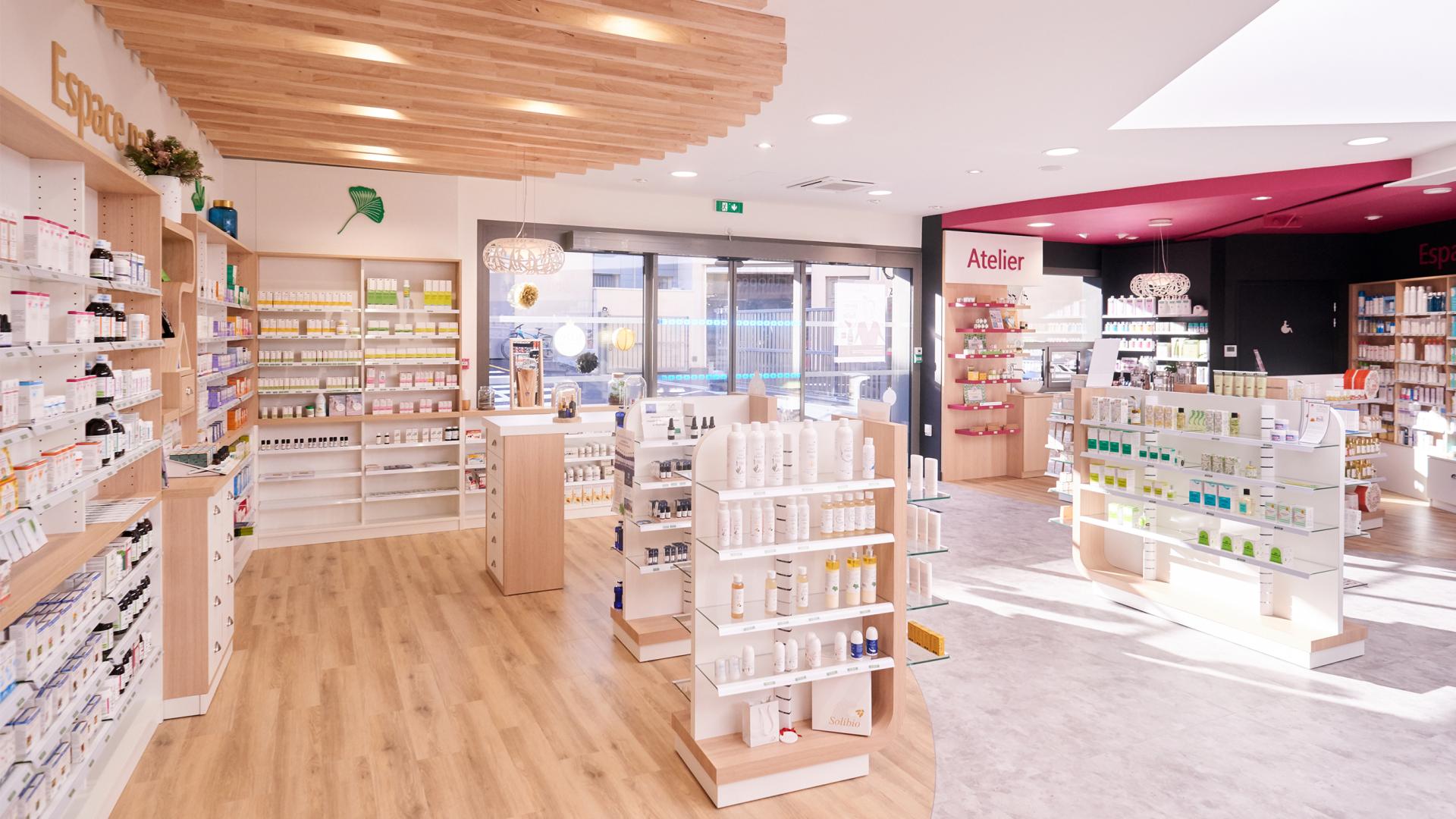 agencement pharmacie blanc bois
