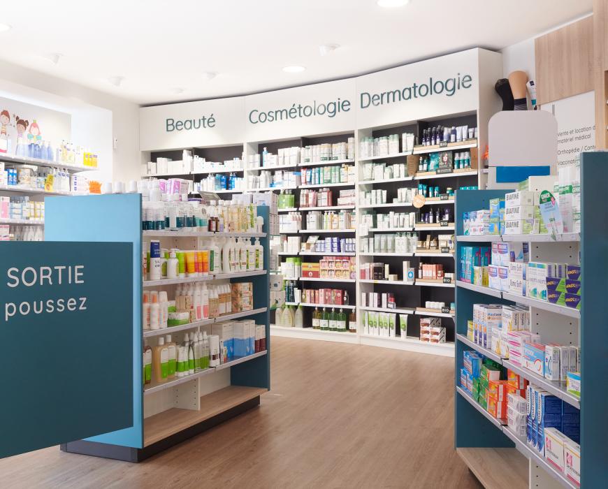 agencement pharmacie bleu bois