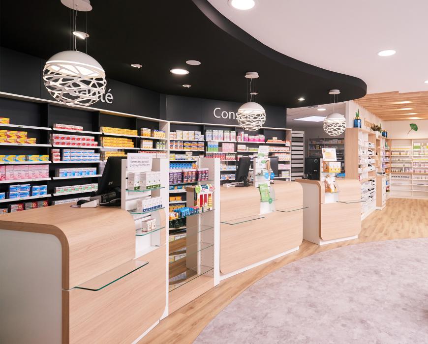 agencement pharmacie comptoirs blanc bois 