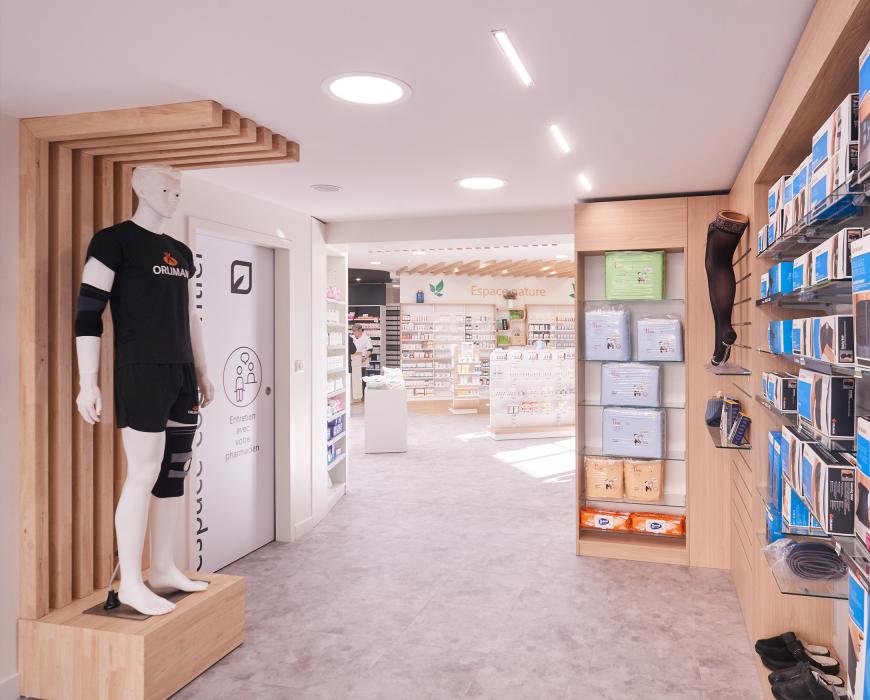 agencement pharmacie blanc bois espace orthopédie