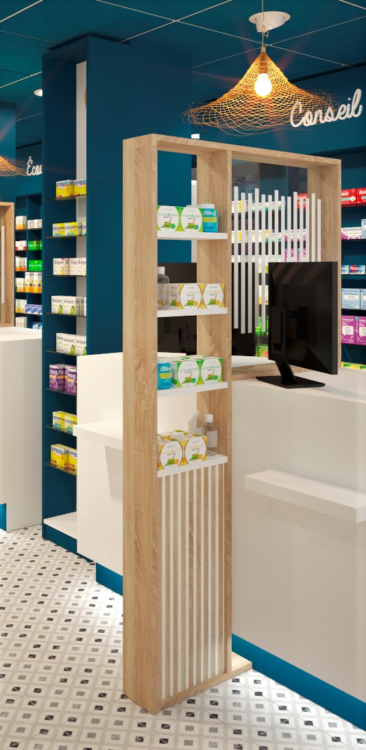 Montage du mobilier de la pharmacie de la préfecture située à Rouen. Les comptoirs de la pharmacie de Mme HERVOUET sont équipés de claustras de séparation pour plus de confidentialité avec sa patientèle. 