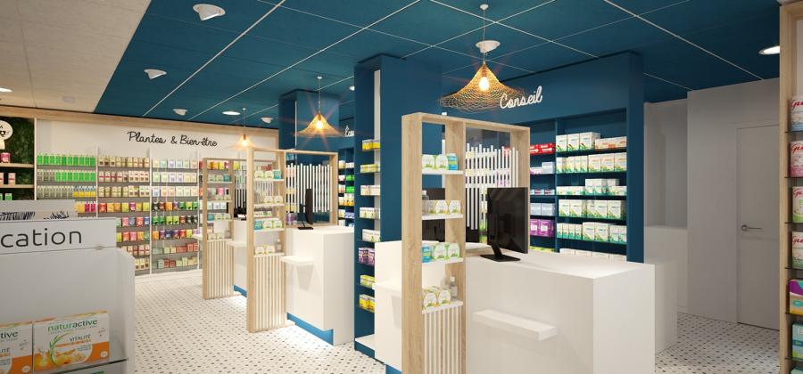 Montage du mobilier de la pharmacie de la préfecture située à Rouen. Les comptoirs de la pharmacie de Mme HERVOUET sont équipés de claustras de séparation pour plus de confidentialité avec sa patientèle.