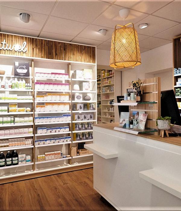 pharmacie ambiance calme confortable touche bambou harmonie décoration mobilier agencement